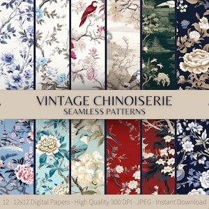 Nahtloses Vintage Chinoiserie Digital Papier, Toile de Jouy Muster, chinesisches Puppenhaus digital bedruckbares Scrapbook Papier Tapetenhintergrund
