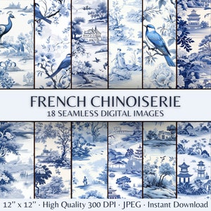 Blue Chinoiserie Toile de Jouy Digital Paper, Seamless French Chinoiserie Pattern, Blue & White Chinoiserie  printable scrapbook paper
