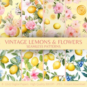 Papel digital vintage francés con limones, estampado de limones italianos en acuarela sin costuras, patrones de frutas vintage, papel de álbum de recortes con texturas imprimibles.