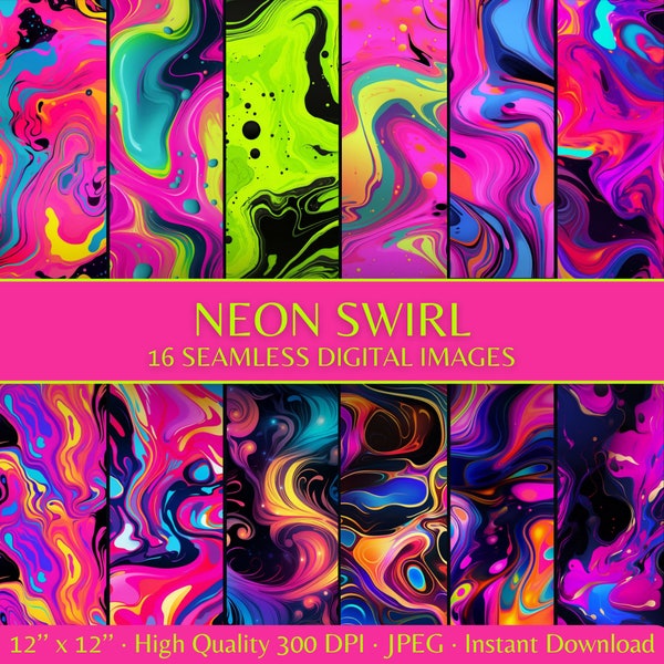 Neon Swirl Digital Paper, Seamless Neon Marble Swirl Pattern, Neon Paint digital printable scrapbook paper, Paintball wallpaper background