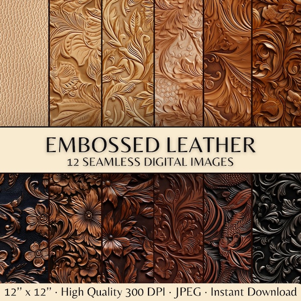 Embossed Leather Digital Paper, Seamless Floral Western Cowgirl Pattern, Tooled Leather Scrapbook Paper, Leather Flower Western Cowboy Print