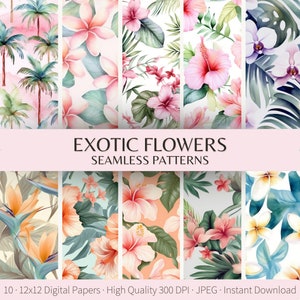 Aquarell Hawaii Blumen digitales Papier, nahtlose tropische Blumenmuster, exotische Orchidee Frangipani Hibiskus Einklebepapier, kommerzielle Nutzung