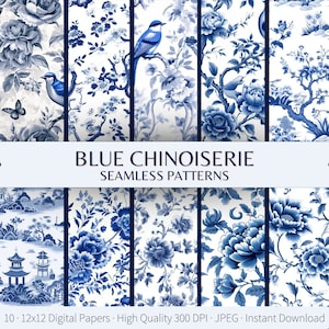 Nahtlose blaue Chinoiserie digitales Papier, China blau weiße Muster, chinesisches Puppenhaus digital druckbare Scrapbook Papier Wallpaper Hintergrund