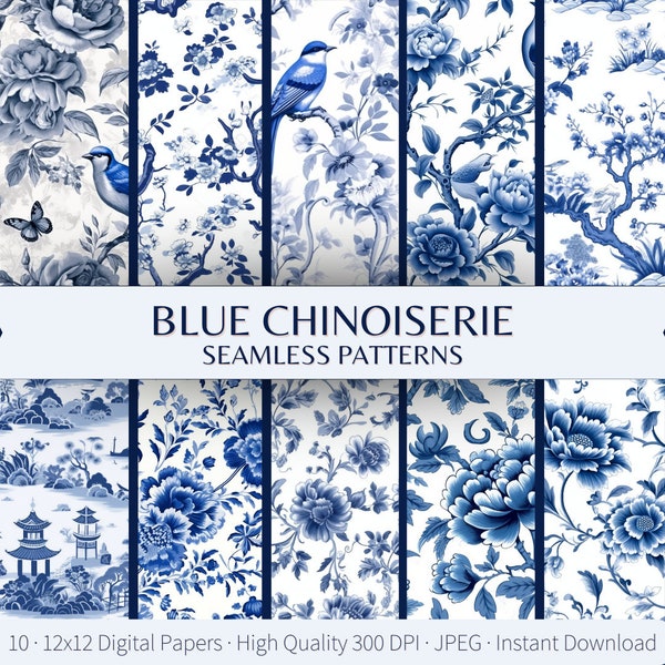Seamless Blue Chinoiserie Digital Paper, China Blue White Patterns, Chinese Dollhouse digital printable scrapbook paper wallpaper background