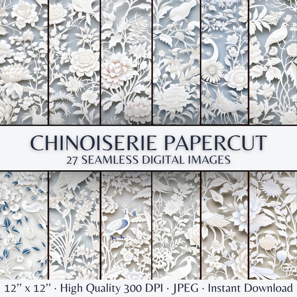 3D Chinoiserie Papercut Digital Paper, Seamless Chinoiserie Flower & Bird Pattern, Blue White Chinoiserie Toile printable scrapbook paper