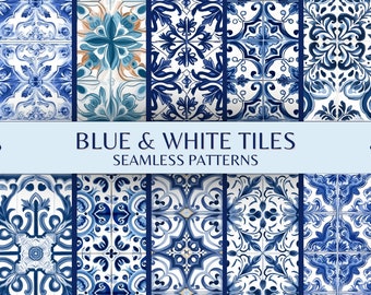 Seamless Portuguese Tiles Blue and White Digital Pattern, Azulejo Digital Paper, Ceramic Tile Patterns, Mediterranean tiles scrapbook paper