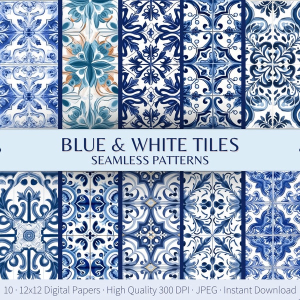 Seamless Portuguese Tiles Blue and White Digital Pattern, Azulejo Digital Paper, Ceramic Tile Patterns, Mediterranean tiles scrapbook paper