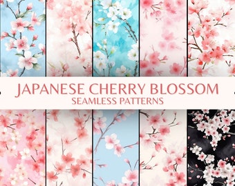 Japanese Sakura Cherry Blossom Digital Paper, Seamless Watercolor Spring Flowers scrapbook pattern, Pastel Floral background, Commercial use