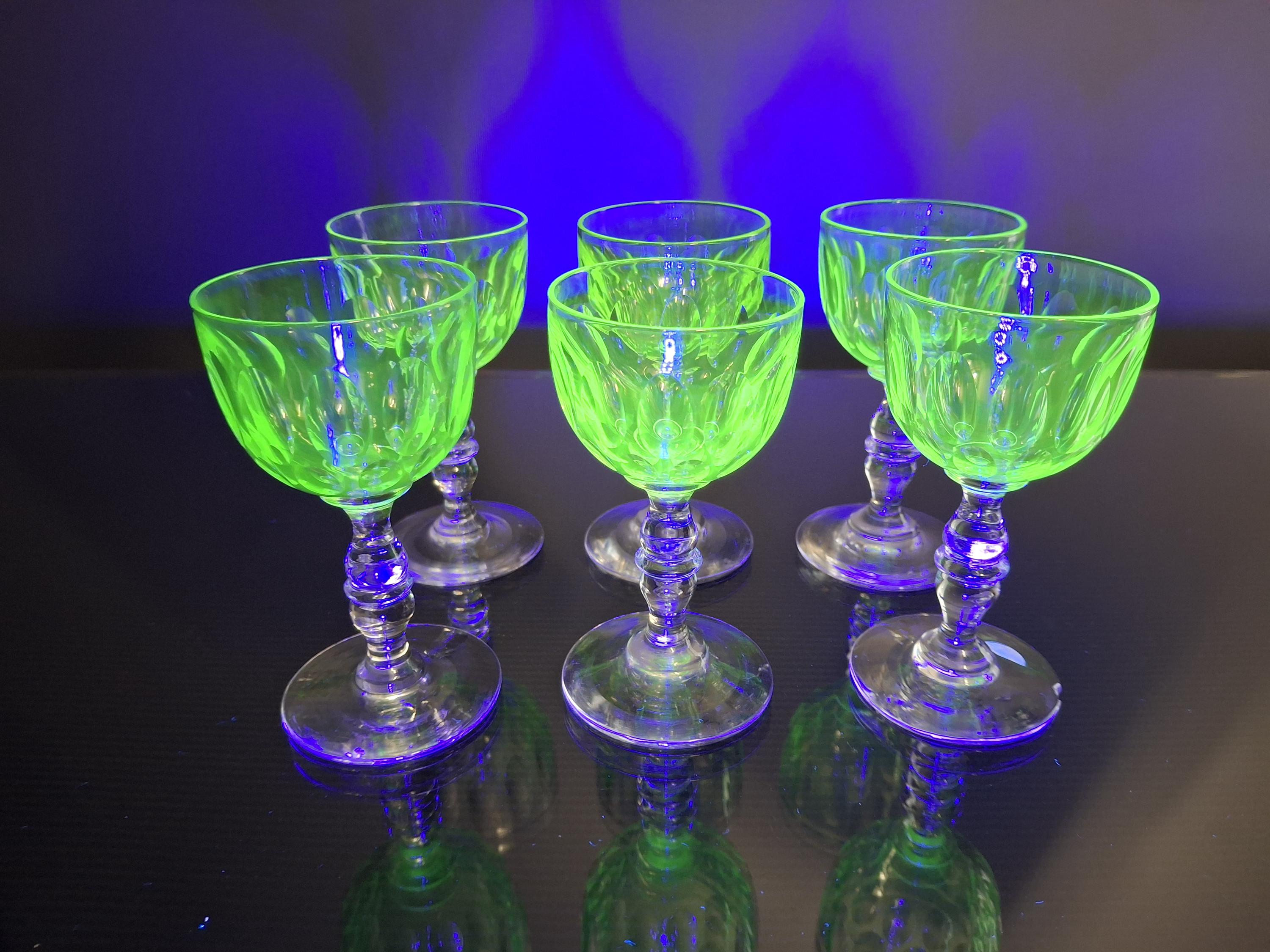 6 Uranium Green Wine /port Glasses 19th Century “baccarat
