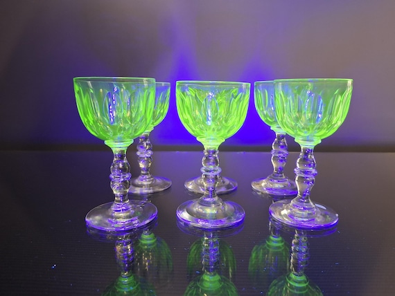 6 Uranium Green Wine /port Glasses 19th Century “baccarat