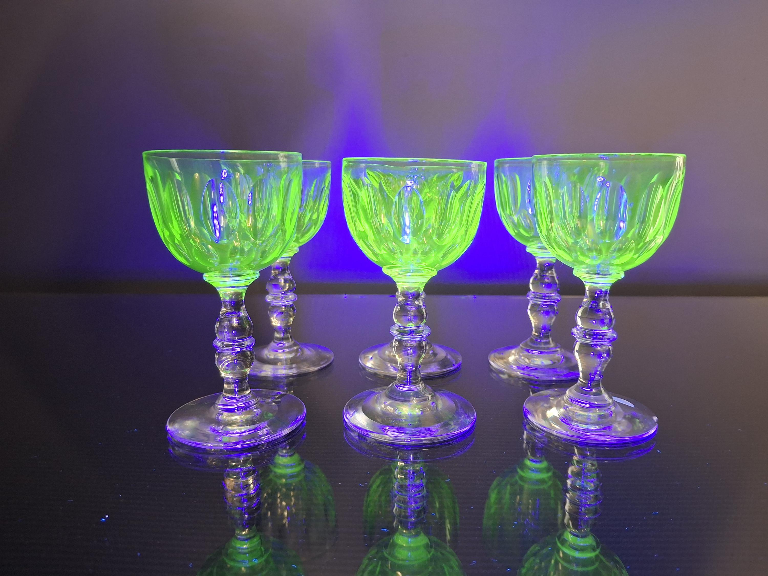 6 Uranium Green Wine /port Glasses 19th Century “baccarat