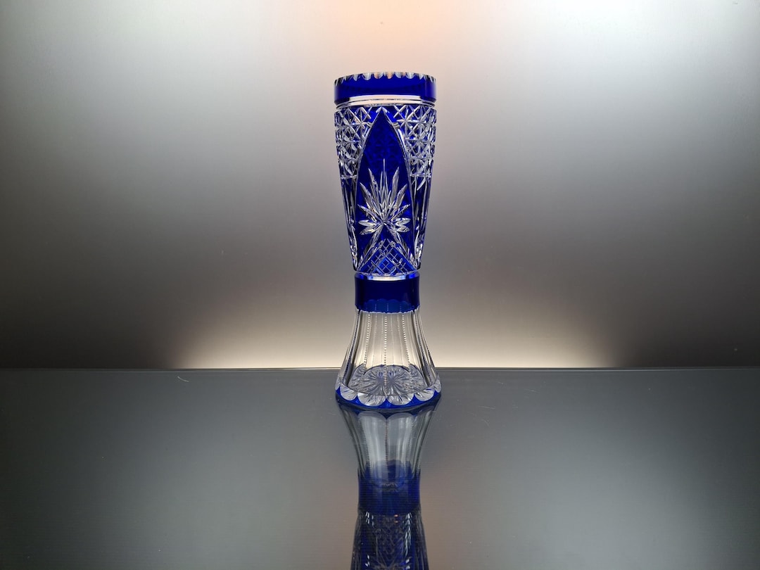 コバルトブルー クリスタル花瓶 ヴィンテージ ボヘミアン コバルトブルー カットクリスタル 花瓶 - 15