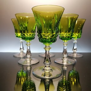 6 copas de vino de cristal verde esmeralda Val Saint Lambert « Walton - Glendal »