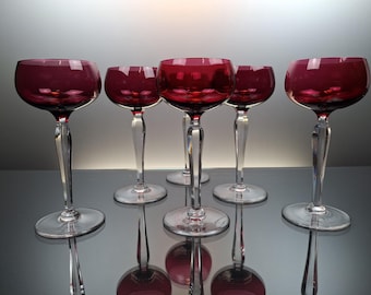 6 Red Crystal wine / roemer glasses Val Saint Lambert “Saumur red”