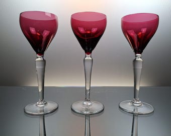 3 Red Crystal wine / roemer glasses Val Saint Lambert.
