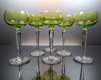 6 green Crystal wine / roemer glasses Val Saint Lambert “Saumur green”