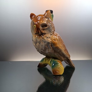 Op de afbeelding: Een keramieken uilfiguur op een tak. De uil heeft bruine en bruingele veren, een gele oog en een zwarte opening. De tak is beschilderd met groen, geel en bruin. Het beeldje is een decoratief item.