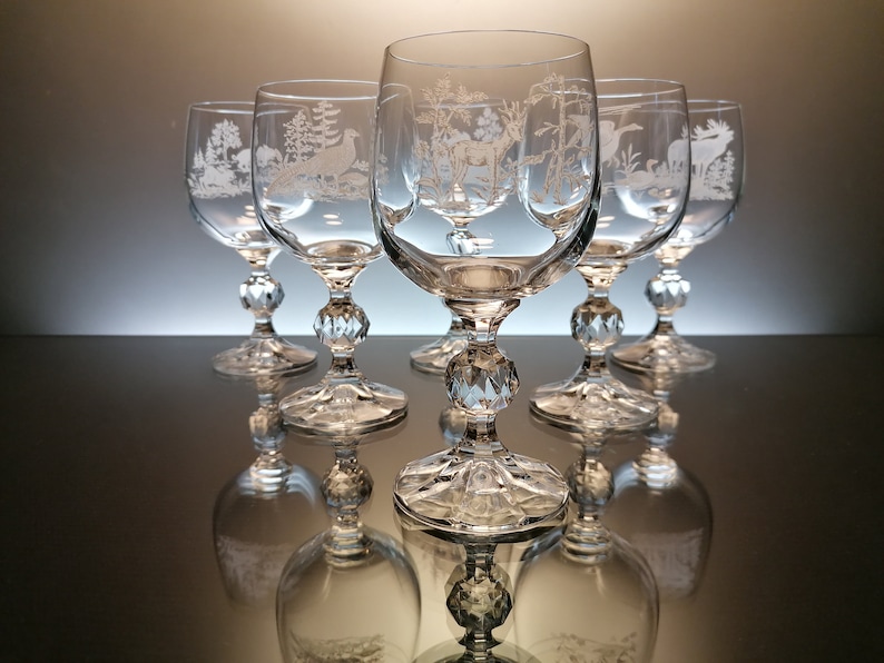 6 Bohemian Crystal Wine Glasses With Wild Animals Decoration - Etsy