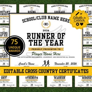 Puede incluir: Una colección de certificados de premios de campo a través editables con texto negro sobre fondo blanco y detalles dorados. El certificado central muestra el texto Runner of the Year 2026, con espacios para nombres.