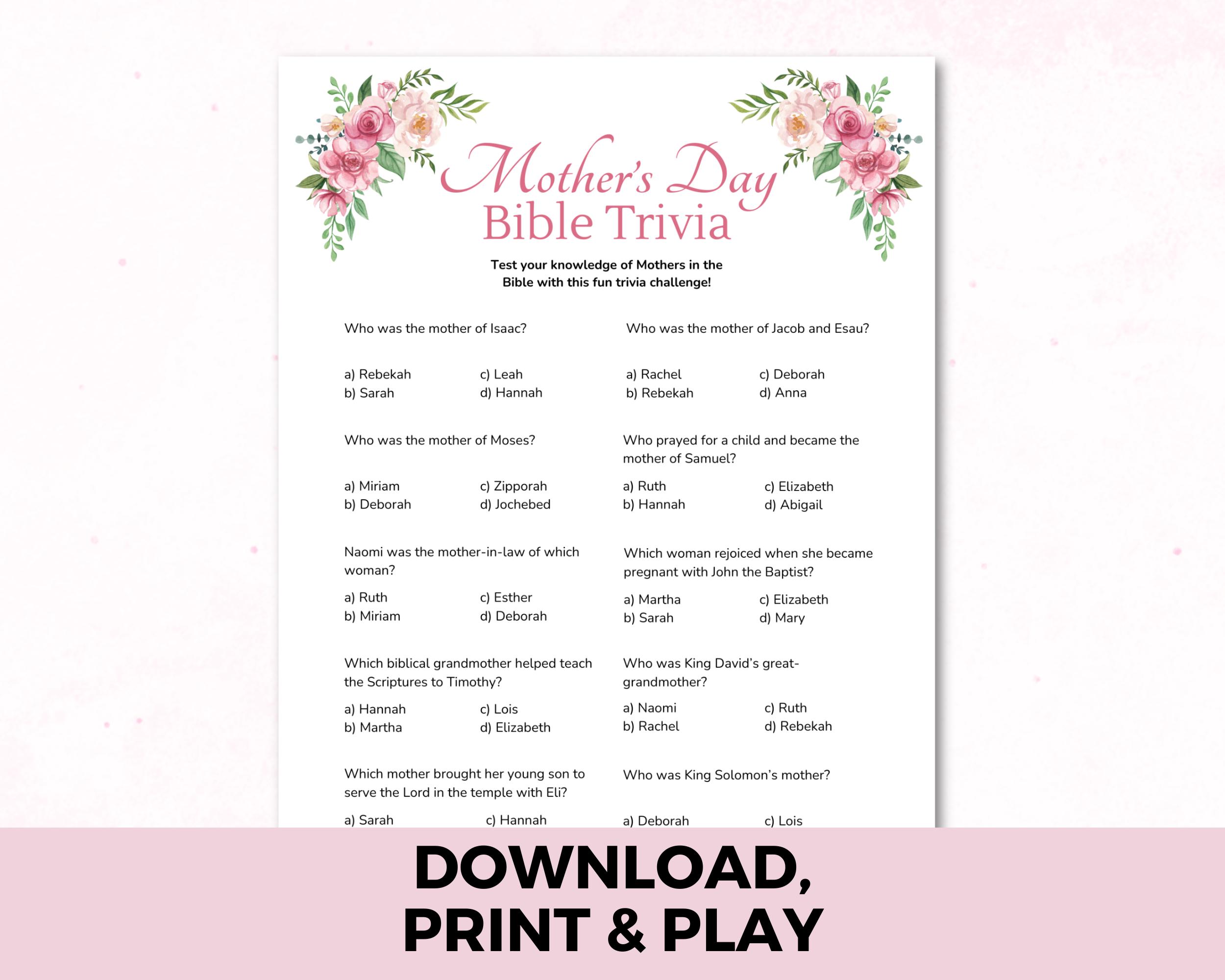 Mothers Day Trivia, Bible Trivia, Mothers Day Printable Christian ...