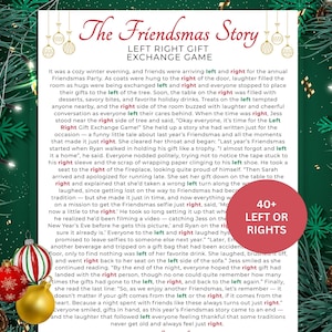 Può includere: Un cartello del gioco di scambio di regali Friendsmas Left Right con testo e bordo decorativo. Il cartello presenta una storia su uno scambio di regali per le vacanze, con le parole "sinistra" e "destra" evidenziate.