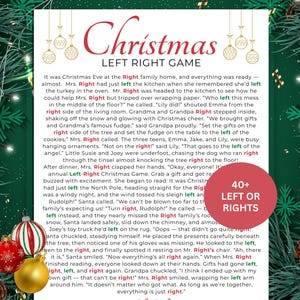 Può includere: Un gioco stampabile natalizio Sinistra Destra con un ornamento rosso e bianco, un ornamento dorato e un ornamento rosso con fiocchi di neve bianchi. Il testo include "Christmas Left Right Game" e "40+ Left or Rights".