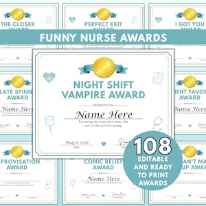Peut inclure: Une collection de « Funny Nurse Awards » imprimables, avec un schéma de couleurs turquoise et or. Les prix comportent des titres humoristiques tels que « Night Shift Vampire Award » et « Comic Relief Award ». L'image comprend le texte « 108 Editable and Ready to Print Awards ».