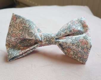 Children's Liberty Print Hair Bow - Botanist's Bloom Pink/Grey - Handmade in Hampshire UK