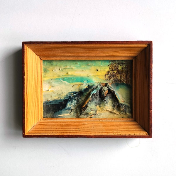 Miniature vintage de 1993, peinture à l'huile sur écorce de bouleau « Paysage d'hiver »