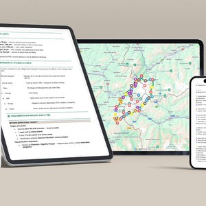 May include: Three digital devices showing information. A tablet displays text, a second tablet shows a map with coloured markers, and a smartphone presents text. The devices are on a neutral background.