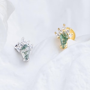 Kite Shape Moss Agate Earrings,Natural Green Moss Agate Earrings with Cz,Kite Gemstone Flat Back Earrings,Moss Agate Stud Earrings in Silver