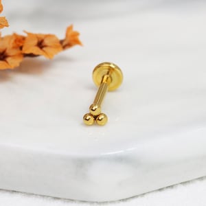 Tiny Three Ball Stud Earrings, Extra Three Beads Threadless Flat Back Stud, Push Pin Labret Stud, Helix Stud, Cartilage Stud, Tragus Stud