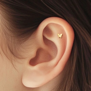 14K Solid Gold Butterfly Stud Earrings, 9K Solid Gold Butterfly Stud, Tiny Butterfly Earring, Simple Butterfly Piercing, Gift for Her