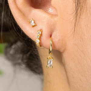 Baguette Cz Dangle Hoop Earrings,Baguette CZ Earring Set by Alina,Small CZ Huggie Hoop Earrings,Stacking Earrings,Geometric CZ Earrings