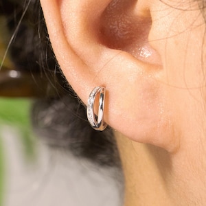 Paved Double Clicker Hoops,925 Sterling Silver CZ Double Hoop Earrings,Huggie Earrings,Conch Hoop,Tragus Hoop,Helix Hoop,Septum Hoop