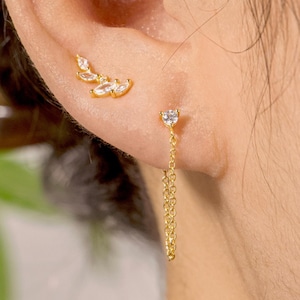 Tiny Round CZ Chain Earrings,Curved CZ Bar Stud Earrings,Cz Dangle Chain Earrings,Climber Cz Earring by Alina,Stacking Earrings,Gift for Her