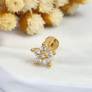 Tiny Flower CZ Stud Earrings, Tragus Flat Back Labret, Floral CZ Earrings, Conch Stud, Cartilage Earrings, Helix Studs, Dainty Earrings