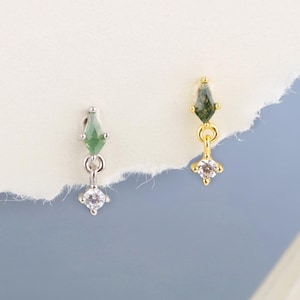 Kite Shape Moss Agate Dangle Earrings,Natural Green Moss Agate Earrings with Cz,Kite Gemstone Flat Back Earrings,Silver Moss Agate Earrings