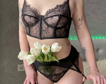 Black lace ligerie,5 pieces set ,Floral sexy corset,High waist panties,Luxary handmade underwear,Lace belt with detachable leg garters