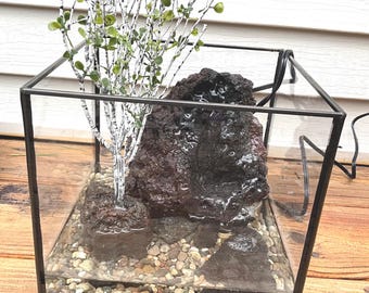 May include: A small terrarium with a black metal frame, filled with water, pebbles, and a small tree with green leaves. A large, dark, porous rock sits in the center. The terrarium is on a wooden surface.