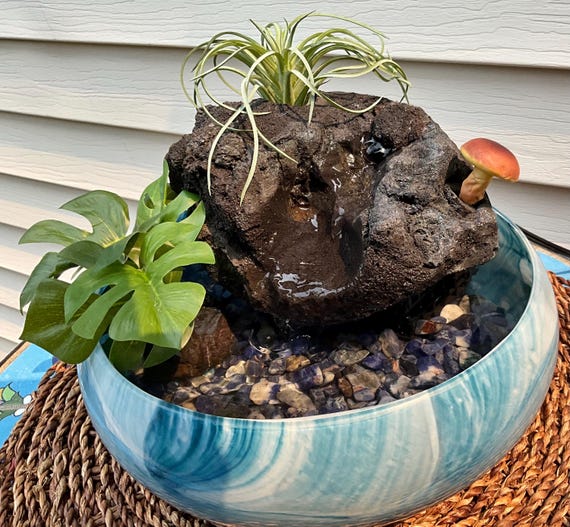 Lava Rock Waterfall Fountain: Blue & White Glass Bowl, Tabletop Decor