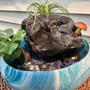 May include: A decorative water fountain with a blue and white marbled bowl. A dark, textured rock sits in the center, with a small mushroom and greenery. The bowl is filled with water and small stones.