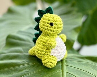 May include: A green crocheted dinosaur toy with a white belly, sitting on a green leaf.