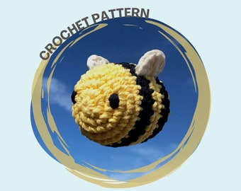 May include: A crocheted bee amigurumi toy with yellow and black stripes and white wings. The bee is against a blue sky background with a yellow circle around it that says "Crochet Pattern".