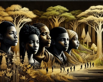 Digitale Afrikaanse wildernis: AI-gegenereerde zwarte erfgoed-, familie- en natuurtaferelen - Kantoormuurkunstafdrukken, GPT4 verbeterd, JPG-formaat