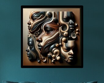 May include: Abstract art print featuring multiple layered faces in shades of brown, beige, and black. The faces are created using a paper-like texture and appear to be overlapping and intertwined.