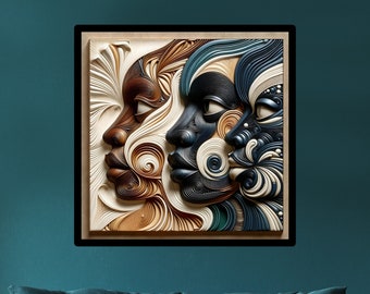 May include: A framed artwork featuring two stylized faces in profile, rendered with swirling lines in shades of brown, cream, navy, and black. The artwork is set against a teal wall above a teal sofa.