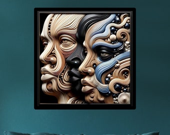 May include: Abstract art print featuring three faces, each with a unique design and color scheme. The faces are layered and overlapping, creating a sense of depth and dimension. The colors are primarily brown, black, and blue.