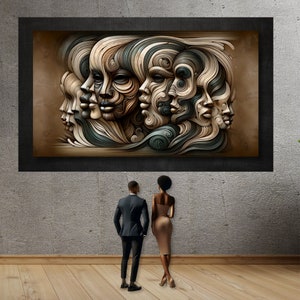 May include: A framed abstract art print featuring a multi-layered design of overlapping faces in shades of brown, gray, and blue. The faces are stylized and appear to be made of swirling lines and patterns.