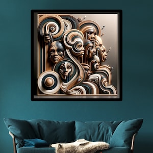 May include: Abstract art print featuring a colorful, layered design of stylized faces in shades of brown, black, and white. The faces are arranged in a swirling pattern, creating a dynamic and visually interesting composition.